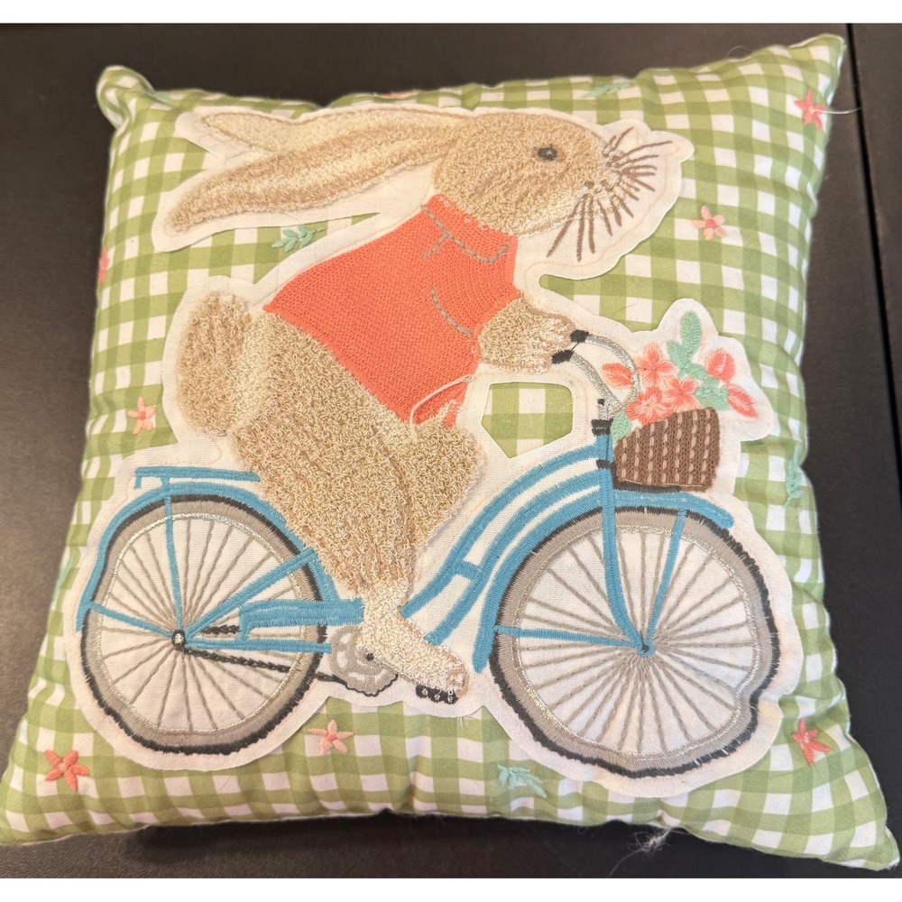 Pier 1 Throw Pillow Green Gingham Bunny Bicycle Easter Spring Decor 13 Inch